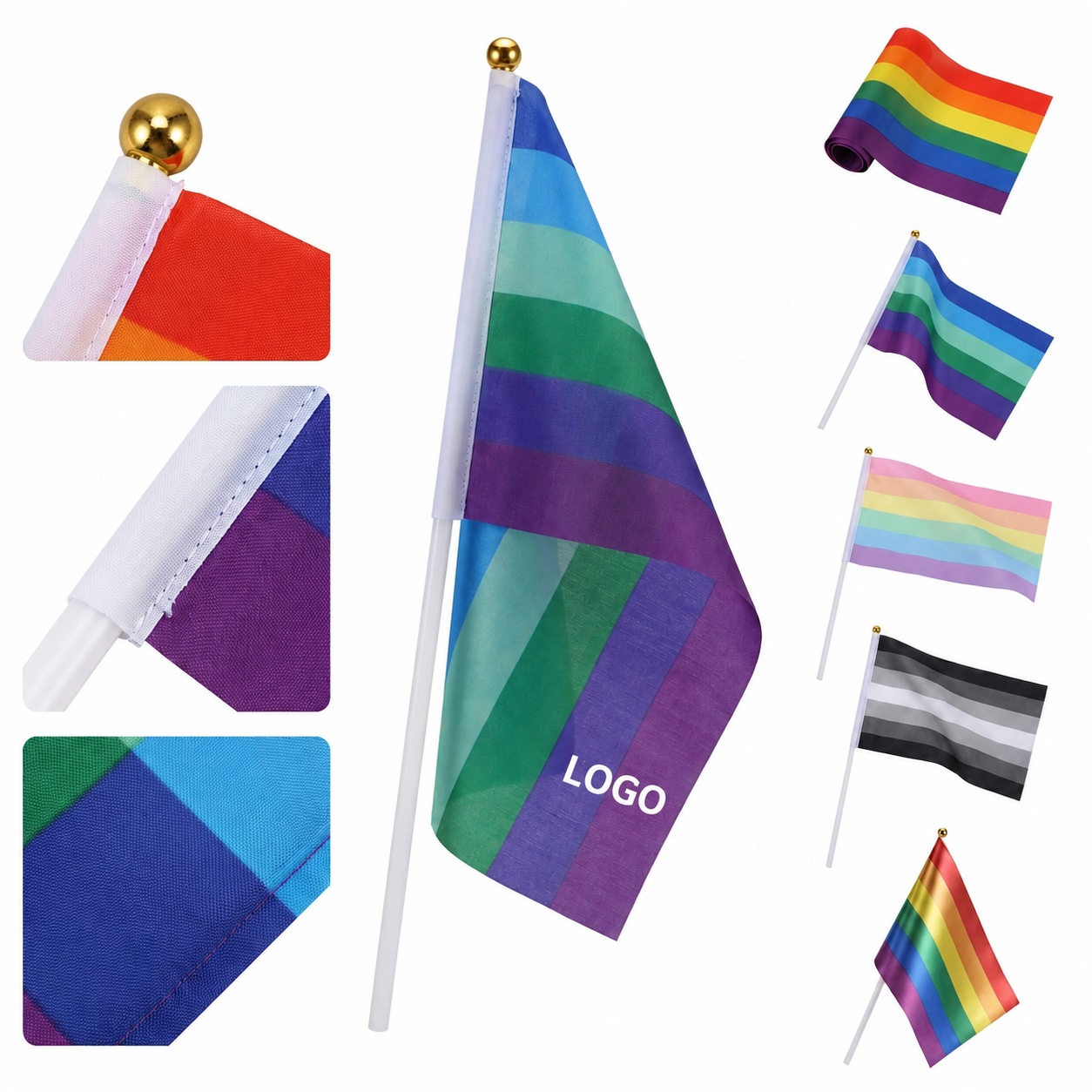 Multicolor Hand-Held Decorative Banners with Polished Gold-Tone Finials