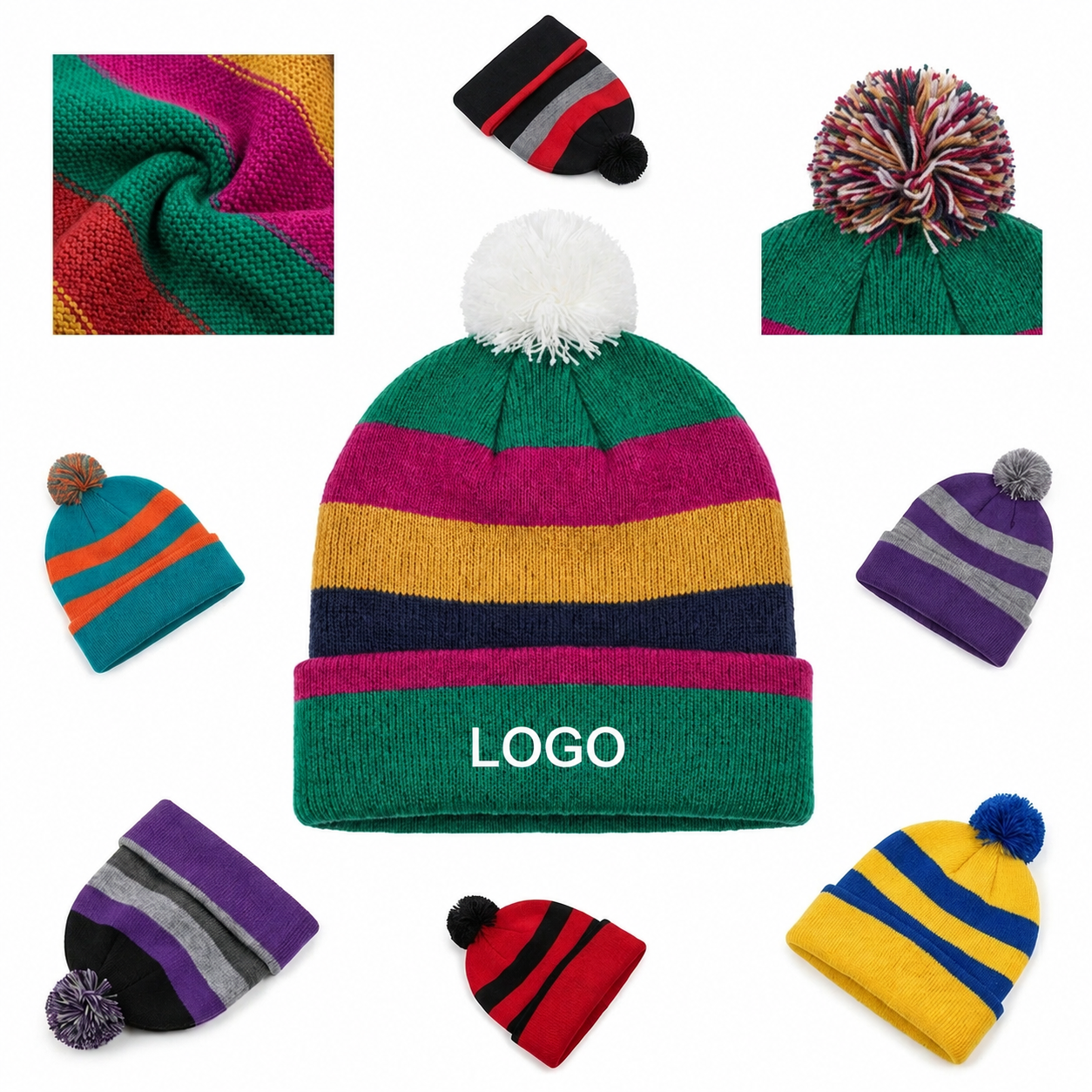 Cuffed Knit Pom-Pom Beanie with Striped Pattern and Ribbed Texture