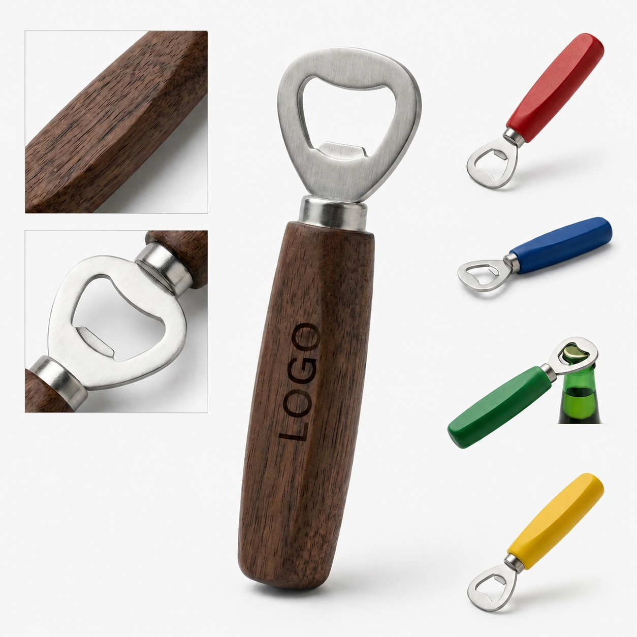 Faceted Wood Handle Stainless Steel Manual Bottle Opener