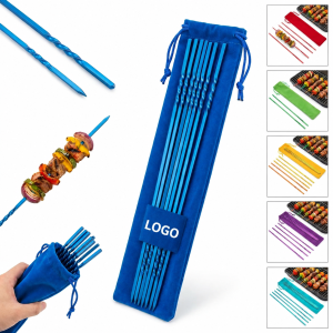 10-Piece Stainless Steel BBQ Skewer Set with Color-Matched Storage Pouch