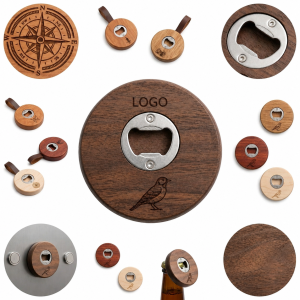 Circular Magnetic Wood Bottle Opener with Metal Inlay